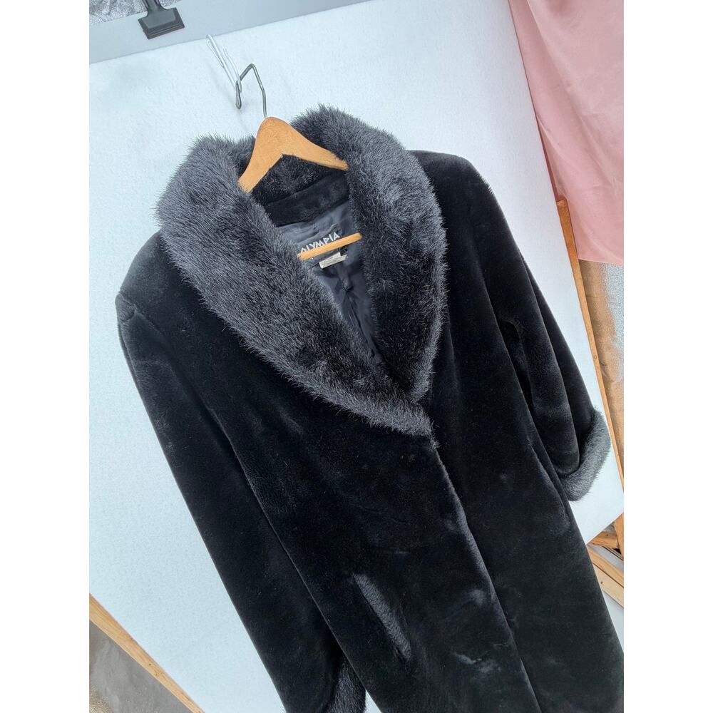 Olympia Limited Inc Black Faux Fur Long Coat Pockets Fully Lined 3 Clasp L - Picture 12 of 12
